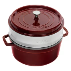 Staub Enamelled Cast Iron Round Cocotte With Steamer Grenadine 26cm 5.2L -Cookware Shop DKS 65101 2