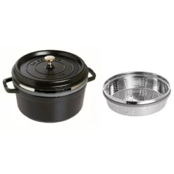 Staub Enamelled Cast Iron Round Cocotte With Steamer 26cm Black 5.2L -Cookware Shop DKS 65270 2