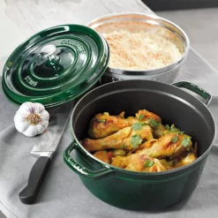 Staub Enamelled Cast Iron Round Cocotte With Steamer 26cm Basil Green 5.2L -Cookware Shop DKS 65273 3